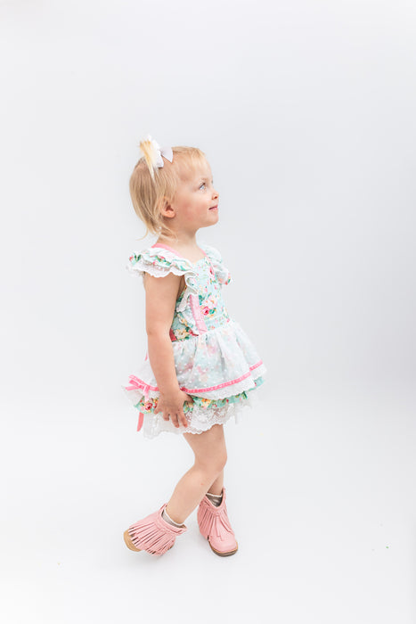 Petals and Lace-Skirted Romper Ready to Ship!